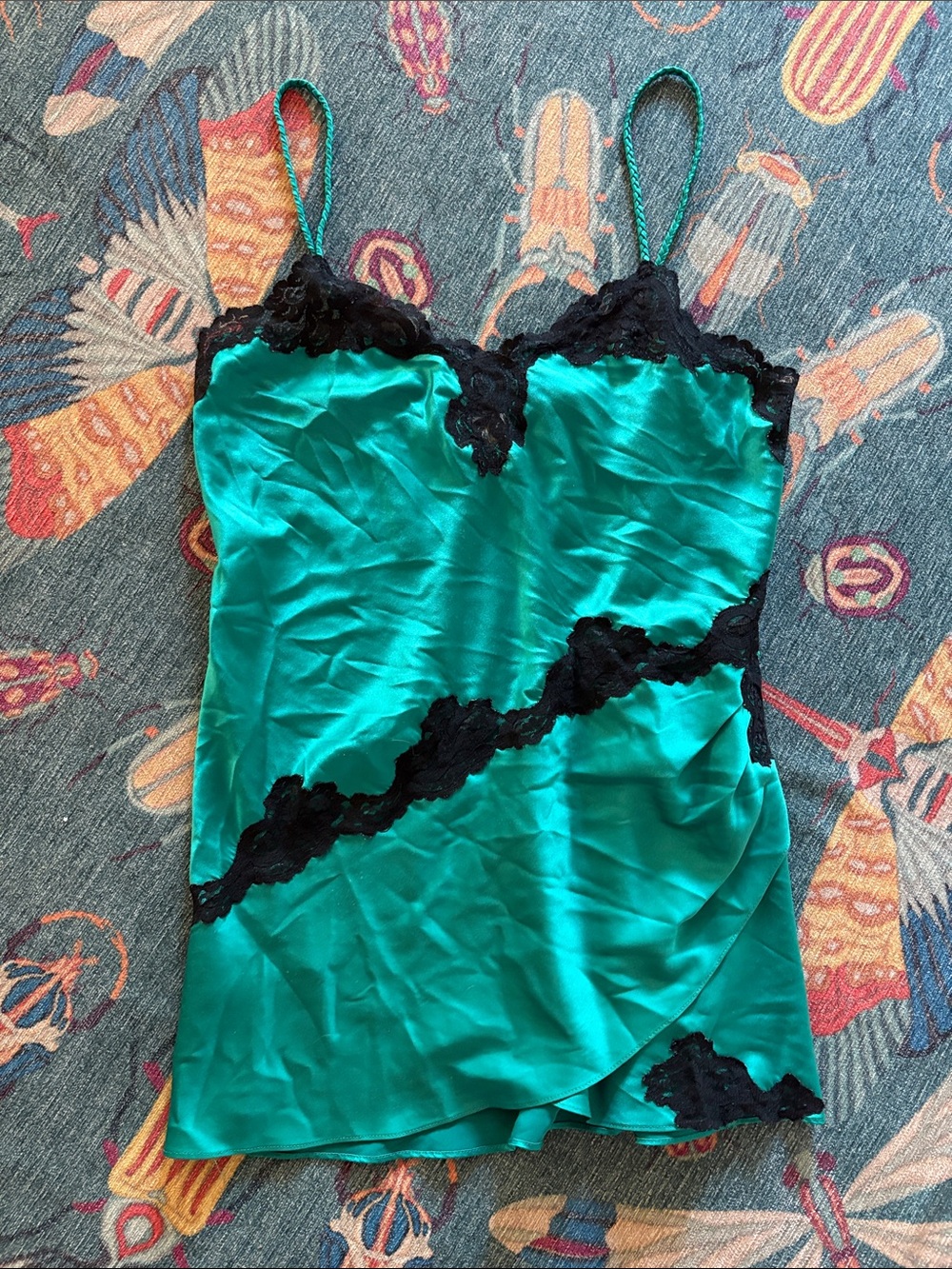Vintage 80’s Victoria’s Secret green satin black lace chemise L